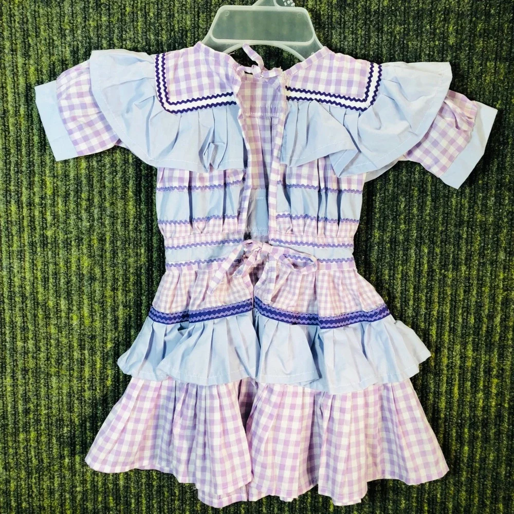 Kids‎ Lavender Gingham Ruffle Tiered Dress with Navy Trim